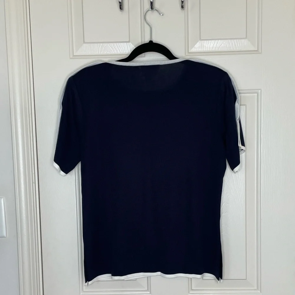 Misook Navy Blue White Trim Short Sleeve Knit Blouse Top | M - Picture 5 of 10